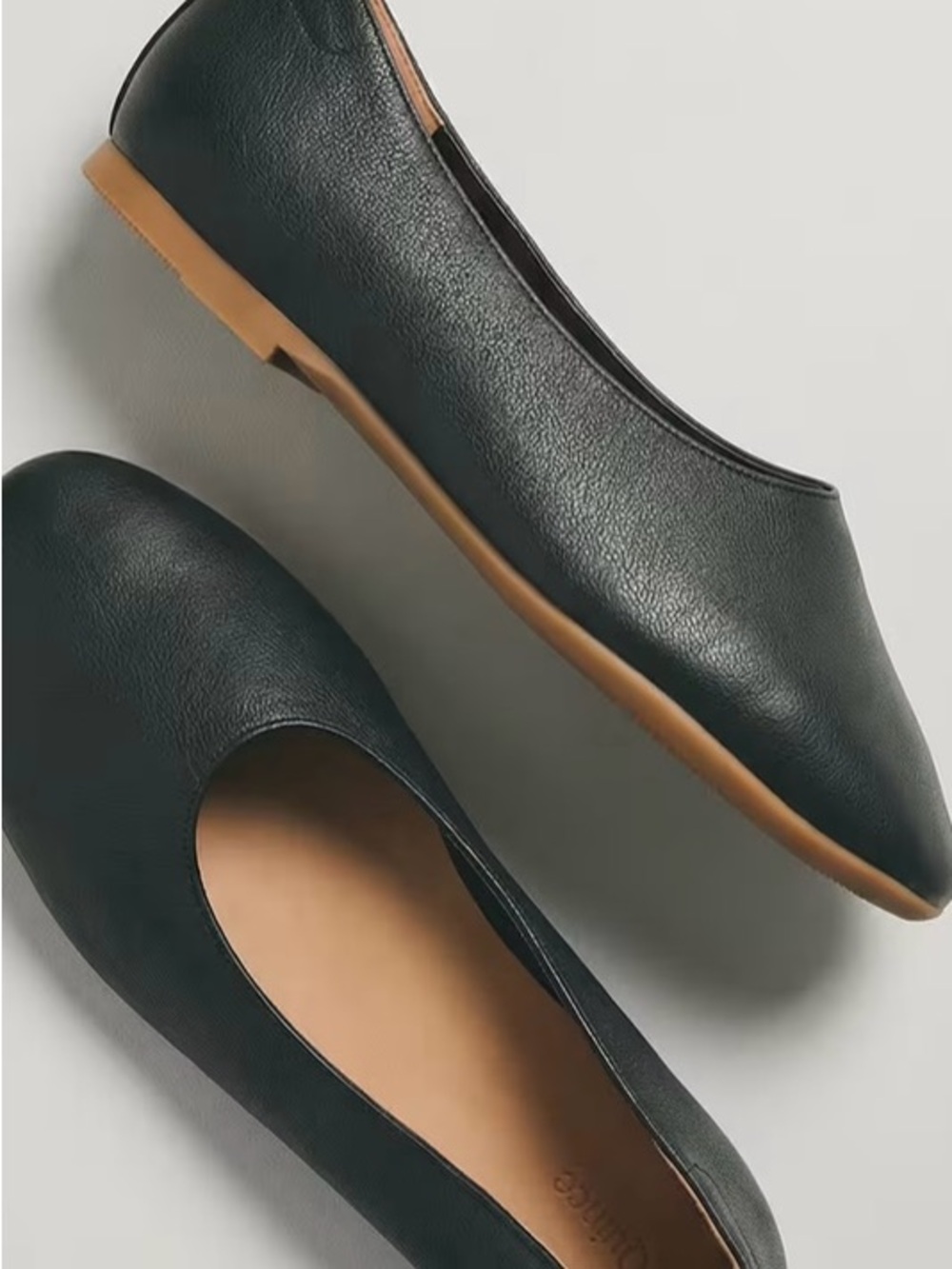 Quince Black Leather Ballet Flats with Tan Sole